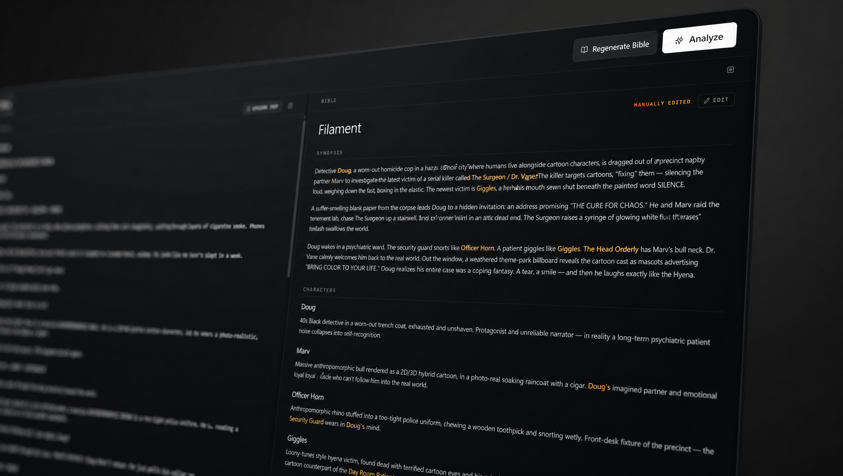 The Production Bible page showing synopsis, characters, and references